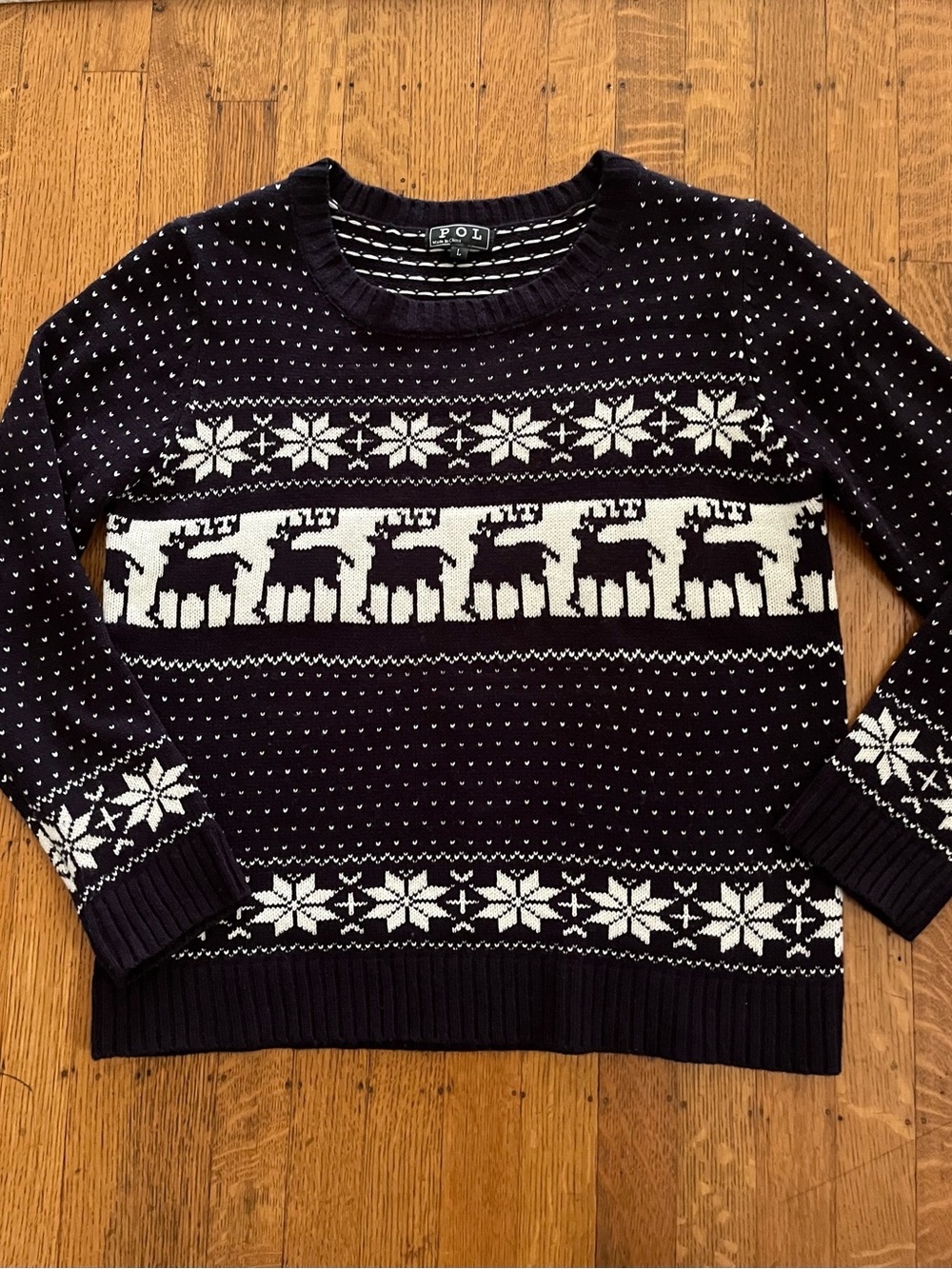 POL Navy and White Fair Isle Moose Crewneck Sweater